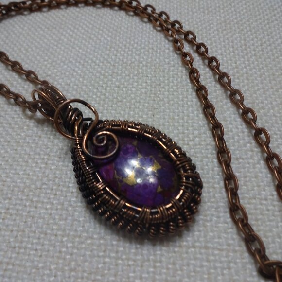 Rustic PURPLE TURQUOISE Handmade COPPER WIRE-WRAPPED Pendant on a 18" Chain 827B - Picture 2 of 3
